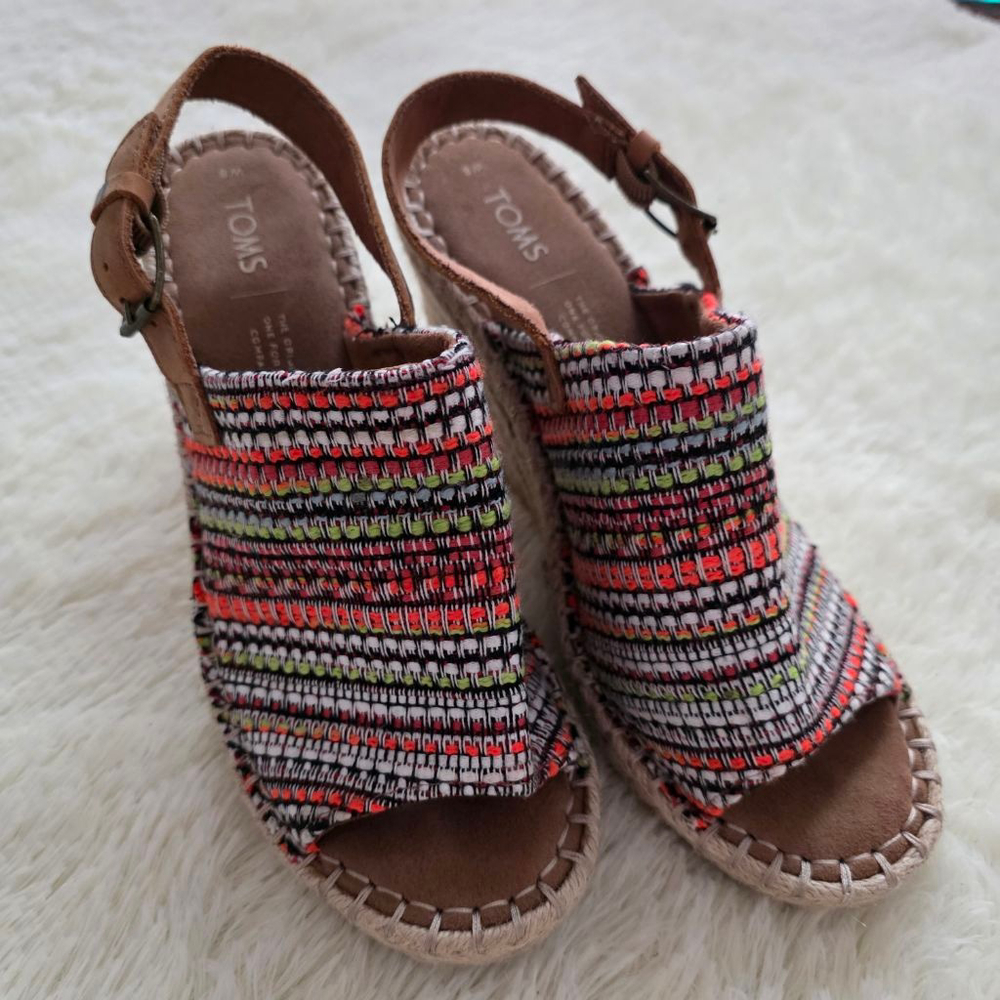 Women's TOMS Espadrille Wedge Sandals‎ Tan/Red Size 8M